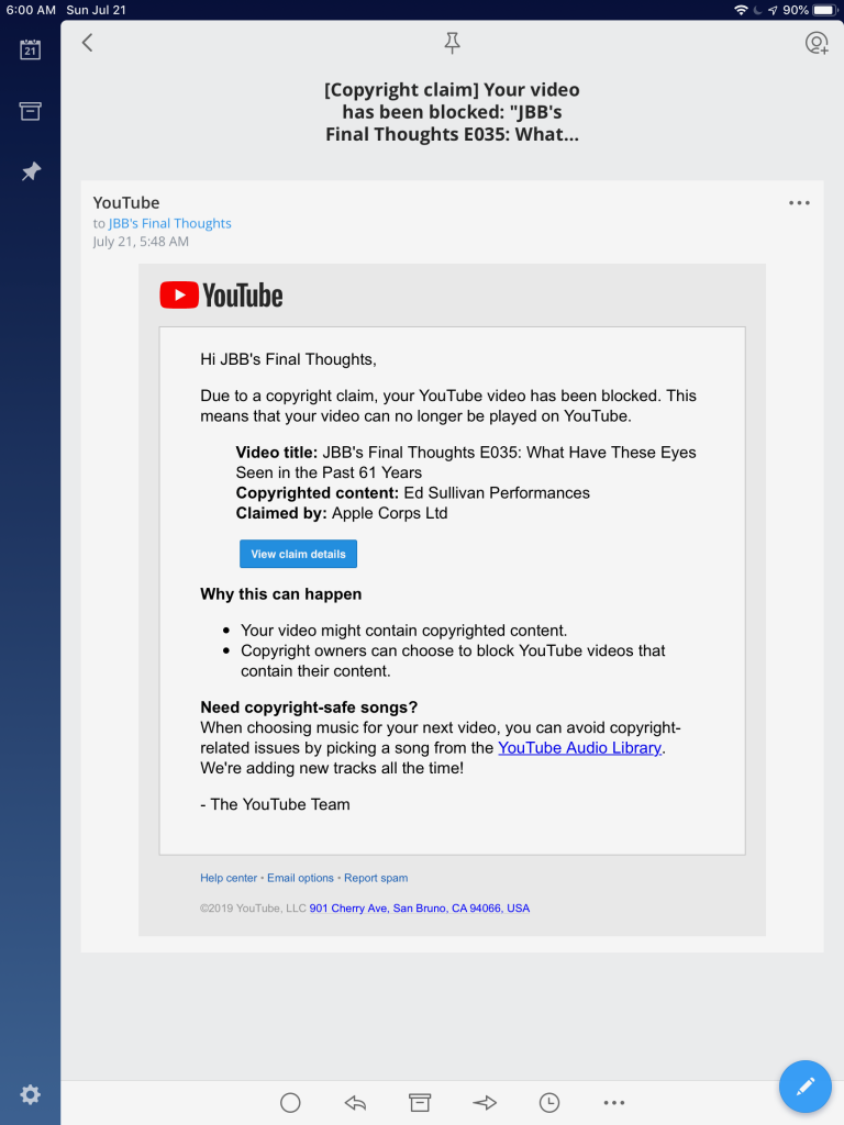 2019-07-21 YouTube - Video Blocked Ed Sullivan claim